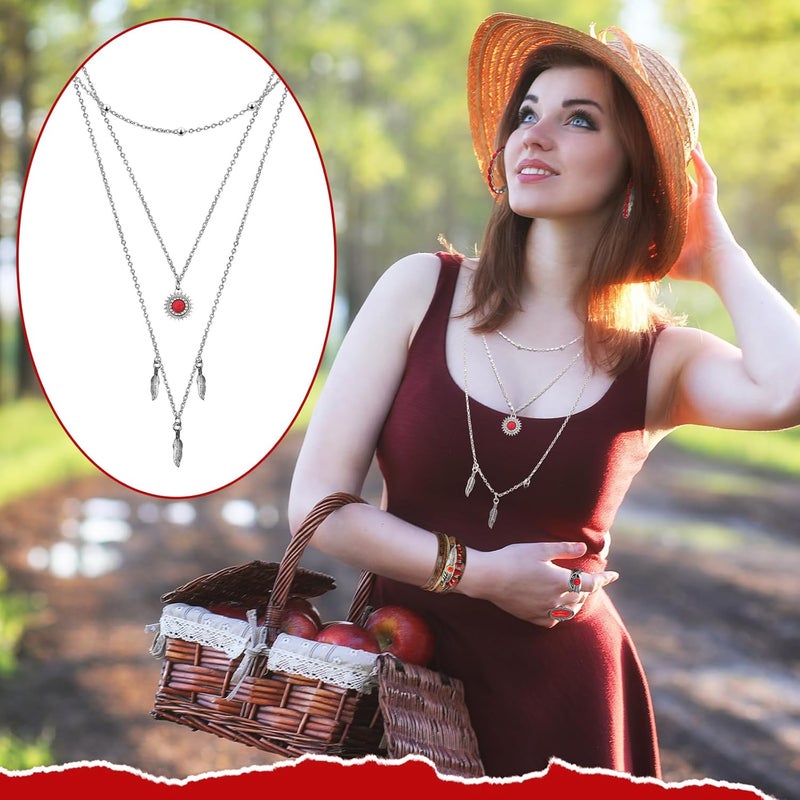 Ecally Store Bohemian Western Jewelry Turquoise Set Women Country Pendant Long Choker Layered Bracelets Earrings Ring for Women - Image 5